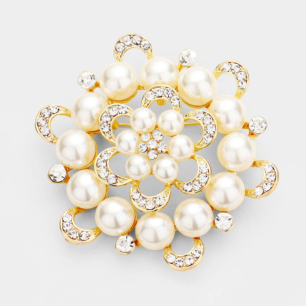 Gold Tone CZ Crystal Stone Paved Round Faux Pearl Flower Pin Brooch for Womens