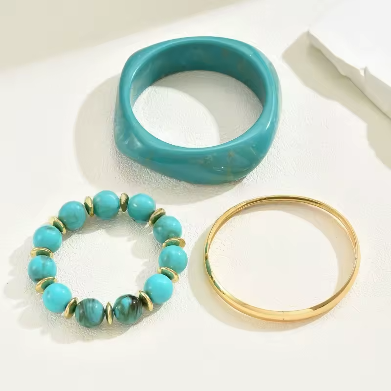 3pcs Turquoise Blue Bangle Bracelet Set Resin Beaded Gold Tone Fashion Jewelry