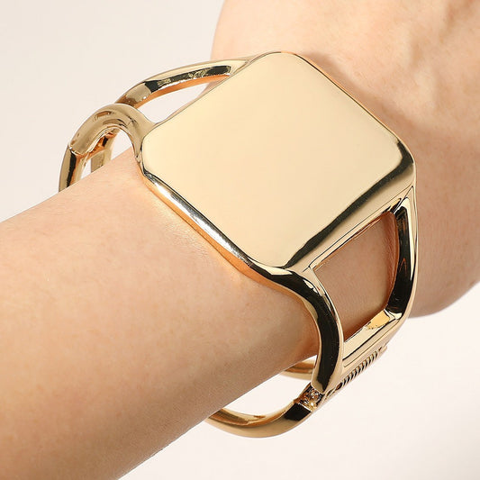 Bold Gold Hinged Bangle Cuff Bracelet Wide Rectangle Statement Jewelry For Lady
