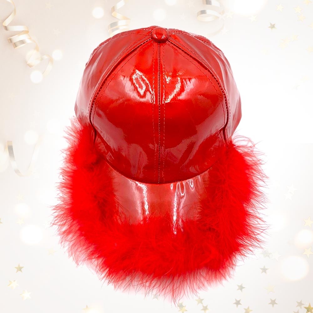 Red Patent Faux Leather Feather Trim Baseball Cap - Glam Statement Trucker Hat
