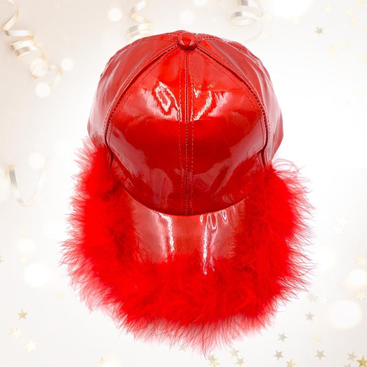 Red Patent Faux Leather Feather Trim Baseball Cap - Glam Statement Trucker Hat