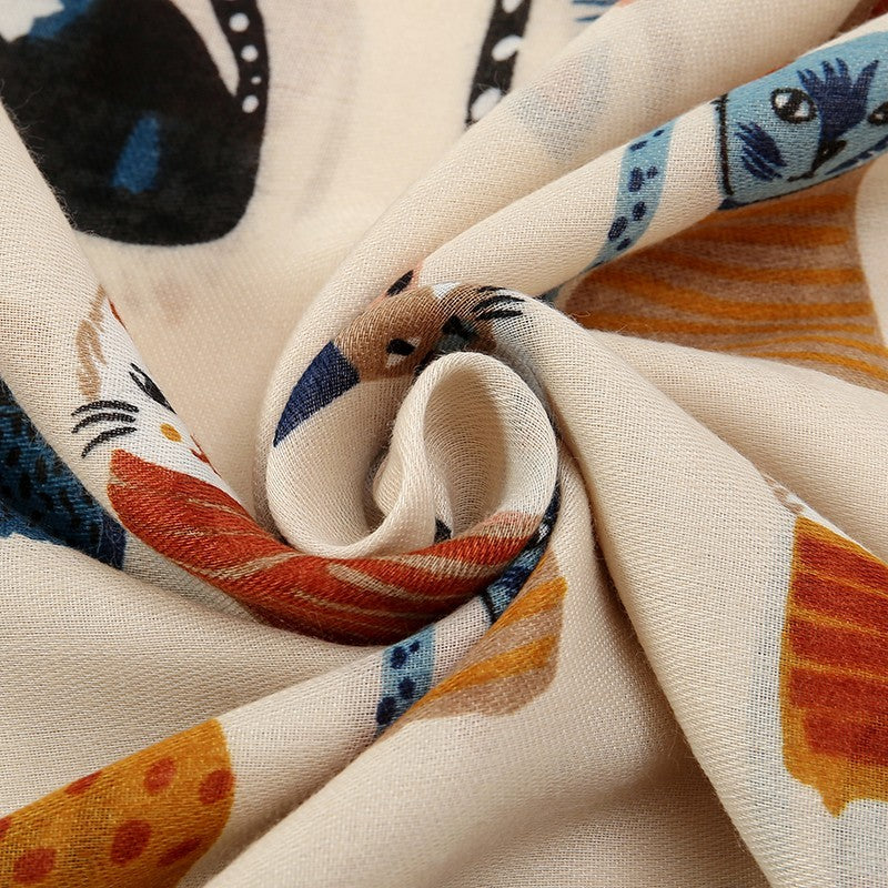 2 Pack Cat Print Fringed Shawl Scarf for Women Lightweight Cotton Viscose Wrap