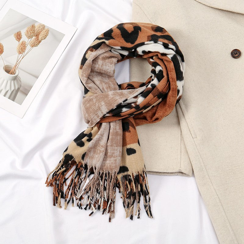 Patchwork Leopard Animal Print Scarf Shawl Oversized Cozy Tassel Wrap Winter