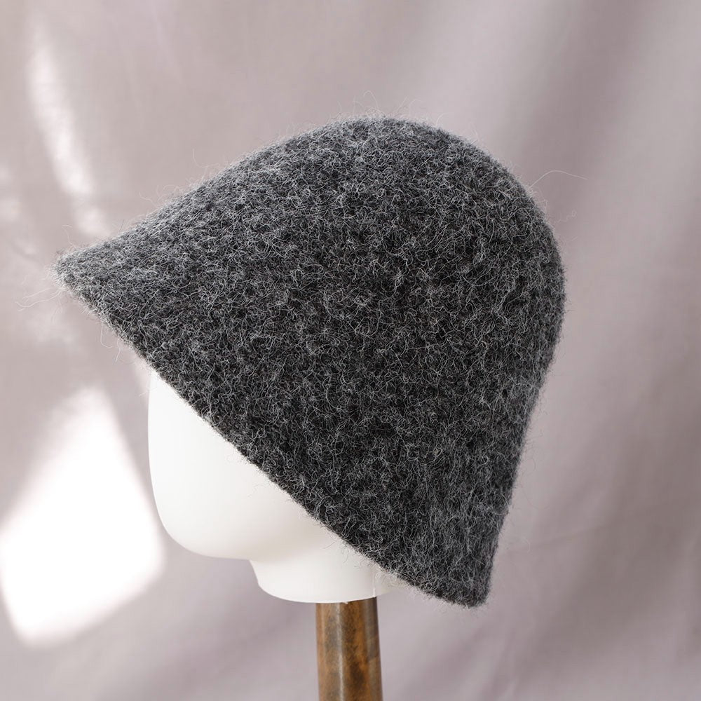 Grey Fuzzy Wool Blend Bucket Hat Winter Cloche Soft Knit 90s Vintage Style