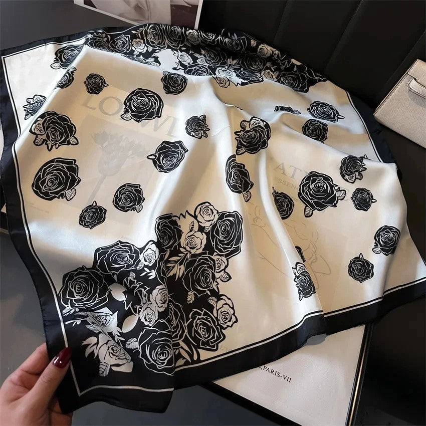 Luxury B&W Rose Print Square Scarf Satin Silk Feeling Elegant Hair Bag Accessory