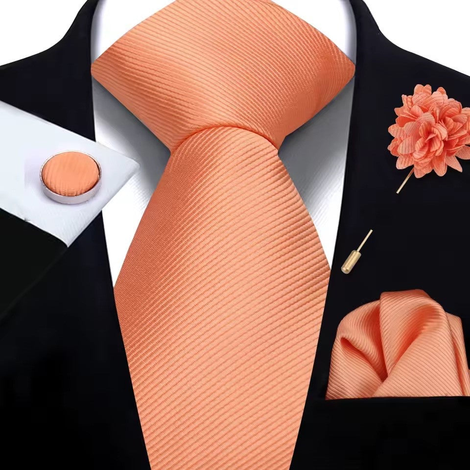 Men’s Apricot Silk Tie Set: Formal Necktie, Pocket Square, Cufflinks & Lapel Pin