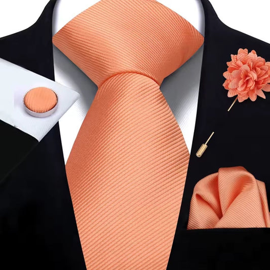 Men’s Apricot Silk Tie Set: Formal Necktie, Pocket Square, Cufflinks & Lapel Pin
