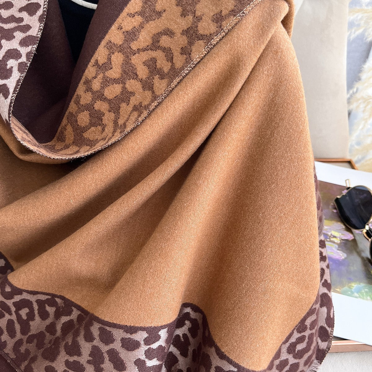 Camel Brown Leopard Print Winter Scarf Shawl Wrap Blanket Oversized Gift