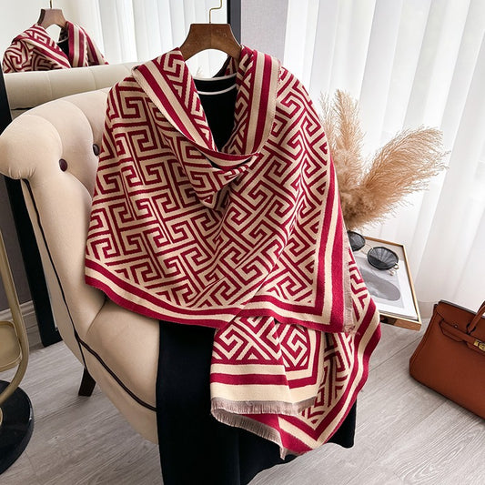 Women's Greek Key Geometric Knit Scarf Shawl Oversized Wrap Red Beige