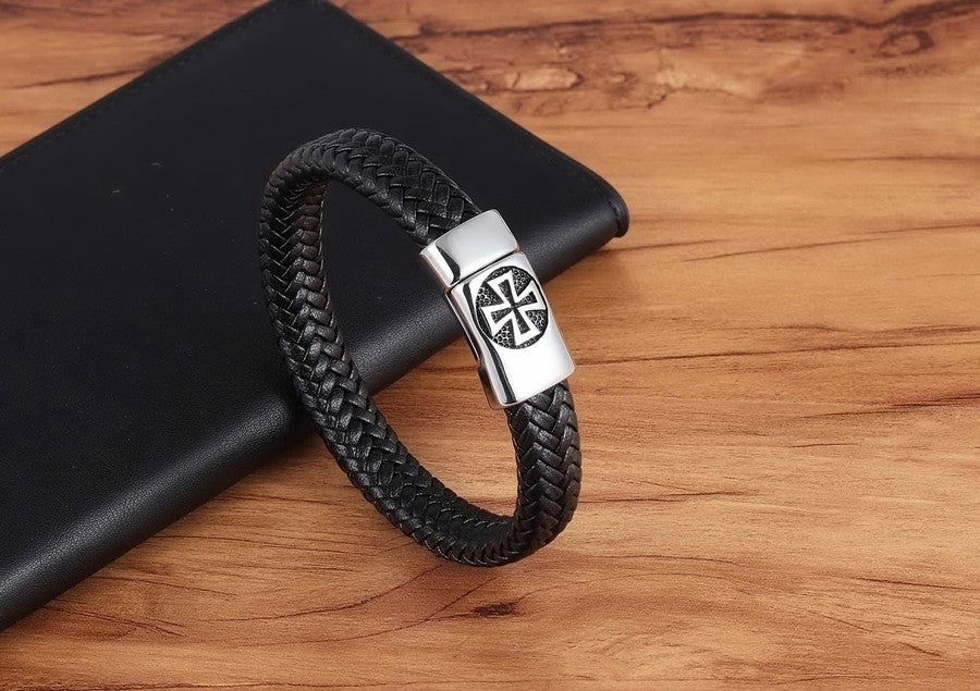 Mens Black Braided Leather Bracelet Maltese Cross Stainless Steel Clasp 8.3in
