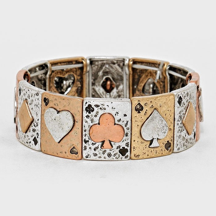 Vintage Mixed Metal Playing Card Suits Stretch Bracelet Poker Suits Jewelry