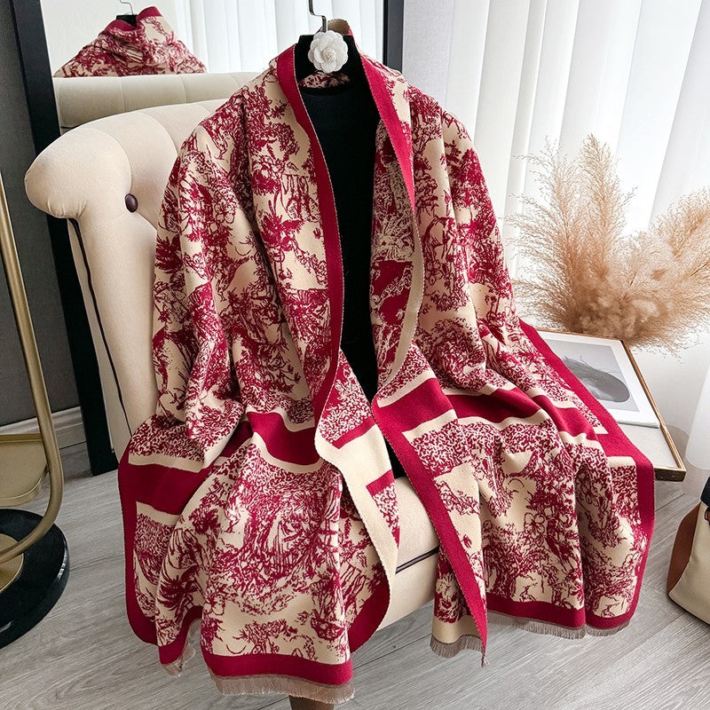 Oversized Red Beige Toile De Jouy Print Blanket Scarf Shawl Wrap Fringed Warm Gi