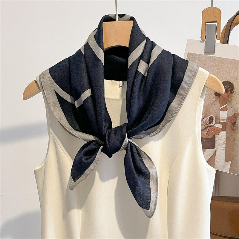 2 Scarf Set Large Geometric Shawl Beige Black Navy Gray Monogram Print Wrap