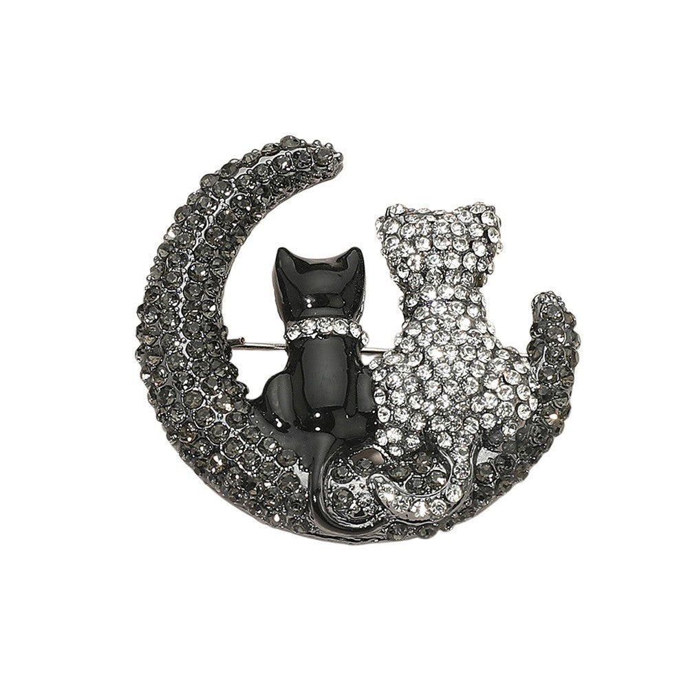 Black & White Crystal Cat on Moon Brooch Pin Rhinestone Animal Jewelry Gift
