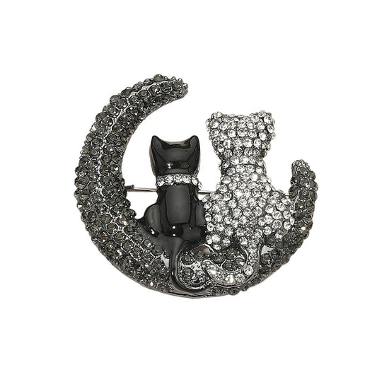 Black & White Crystal Cat on Moon Brooch Pin Rhinestone Animal Jewelry Gift