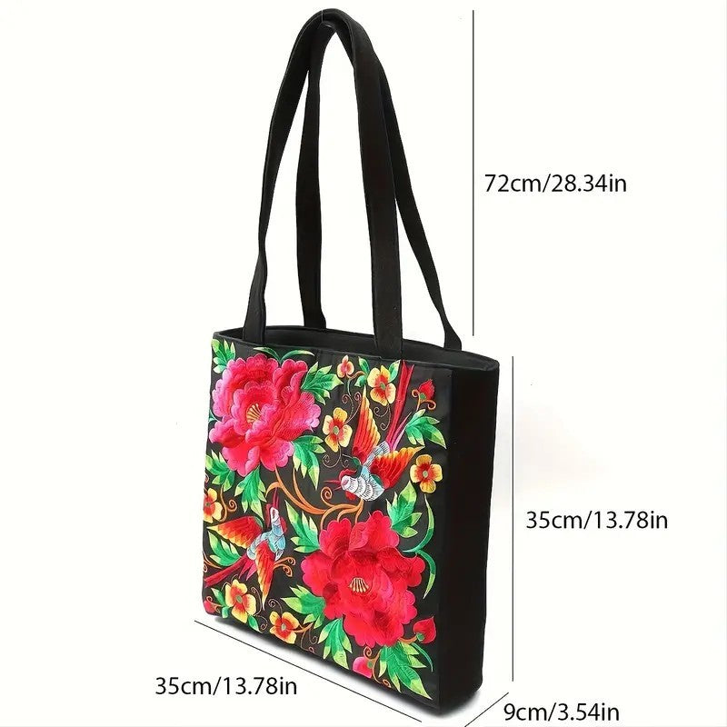 Vintage Red Floral Embroidered Black Canvas Tote Bag Handbag Purse