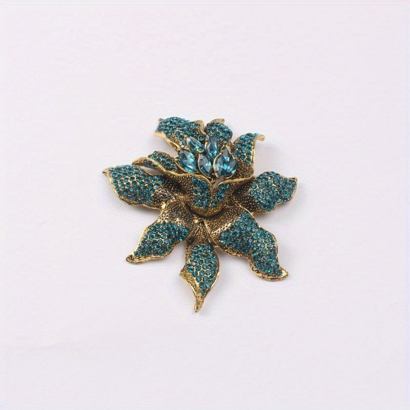 Giant Vintage Look Teal Turquoise Rhinestone Flower Brooch Pin Gold Tone Stateme