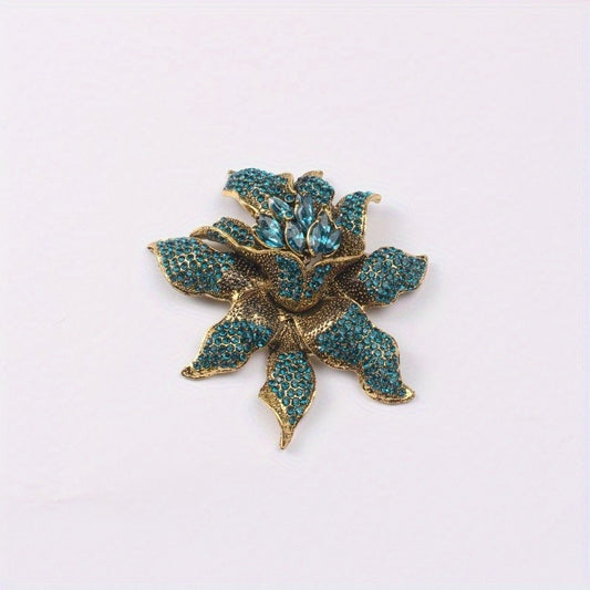 Giant Vintage Look Teal Turquoise Rhinestone Flower Brooch Pin Gold Tone Stateme
