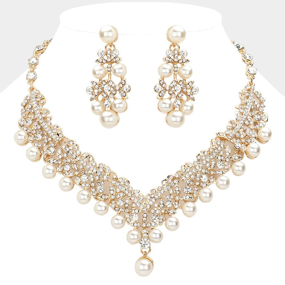 Gold Tone Rhinestone Pearl Jewelry Set Necklace Earrings Bridal Statement
