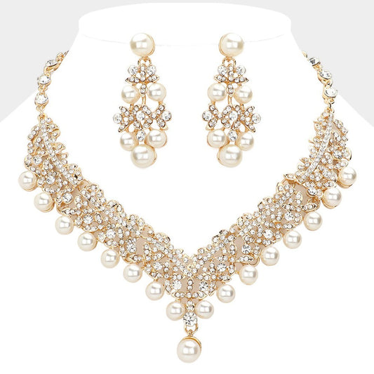 Gold Tone Rhinestone Pearl Jewelry Set Necklace Earrings Bridal Statement