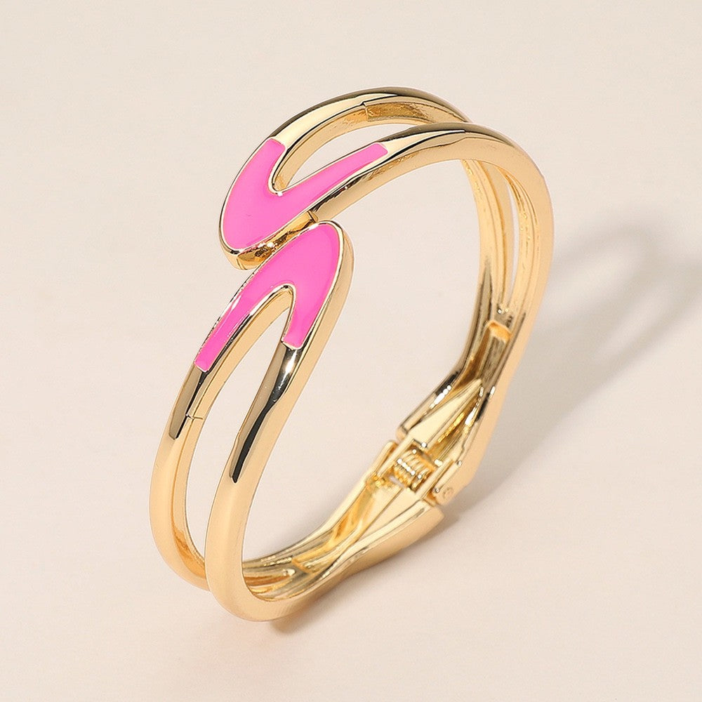 Gold Tone Pink Enamel Abstract Bypass Hinge Bangle Bracelet Modern Style