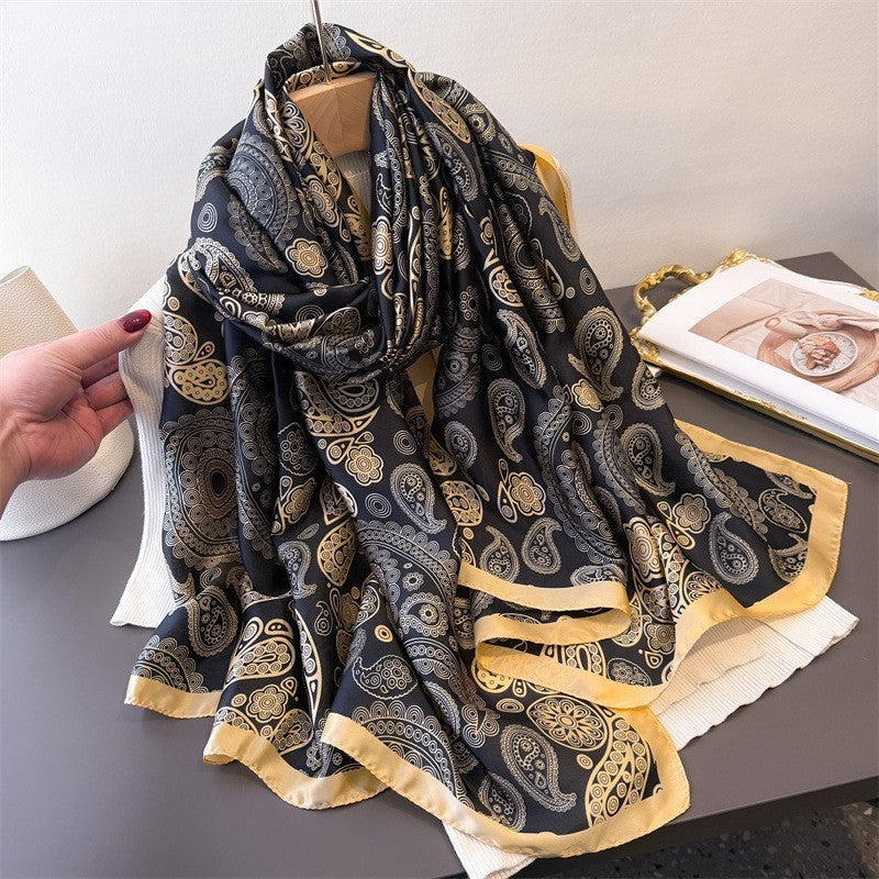 Elegant Black Gold Paisley Silk Feel Scarf Shawl Large Square Vintage Style
