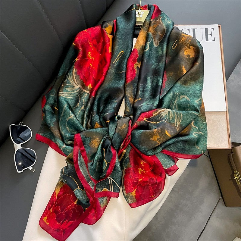 Luxury Dark Floral Silk-Feel Scarf Large Square Satin Shawl Wraps for Women