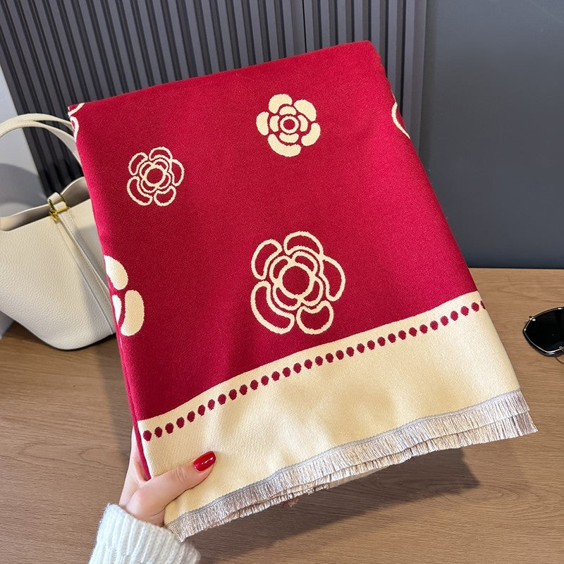 Red Camellia Floral Cashmere Feel Scarf Shawl Wrap 25.6 x 72.8 in Oversize Gift