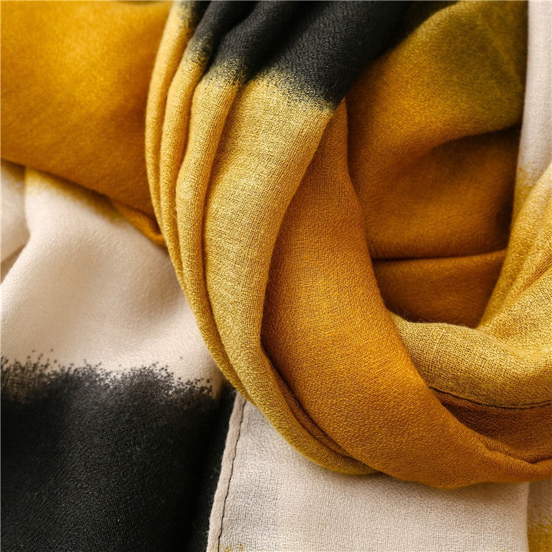 Dip Dye Ombre Scarf Wrap Shawl 71" Cotton Viscose Black Yellow Tassel
