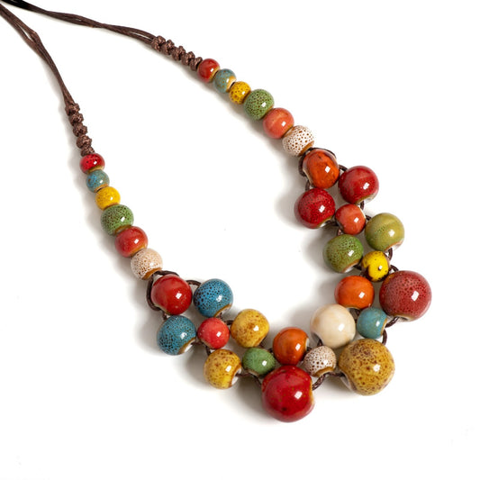 Handmade Ceramic Beaded Necklace  Boho Artisan Pottery Jewelry