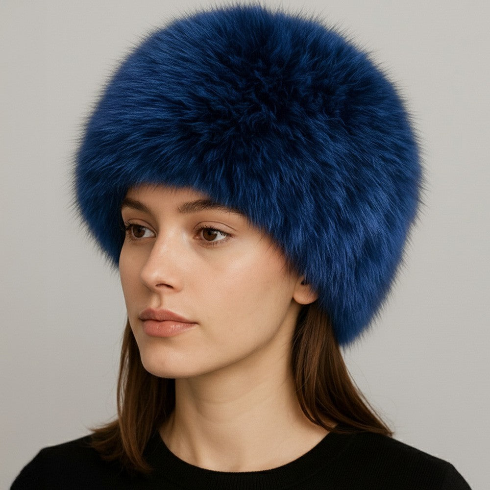 2 Piece Women's Elegant Plush Faux Fur Winter Hat Blue One Size 100% Polyester