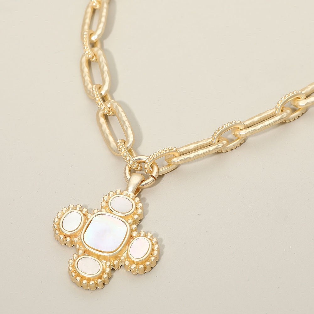Gold Hammered Link Toggle Necklace with Mother of Pearl Cross Pendant Jewelry