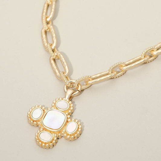 Gold Hammered Link Toggle Necklace with Mother of Pearl Cross Pendant Jewelry