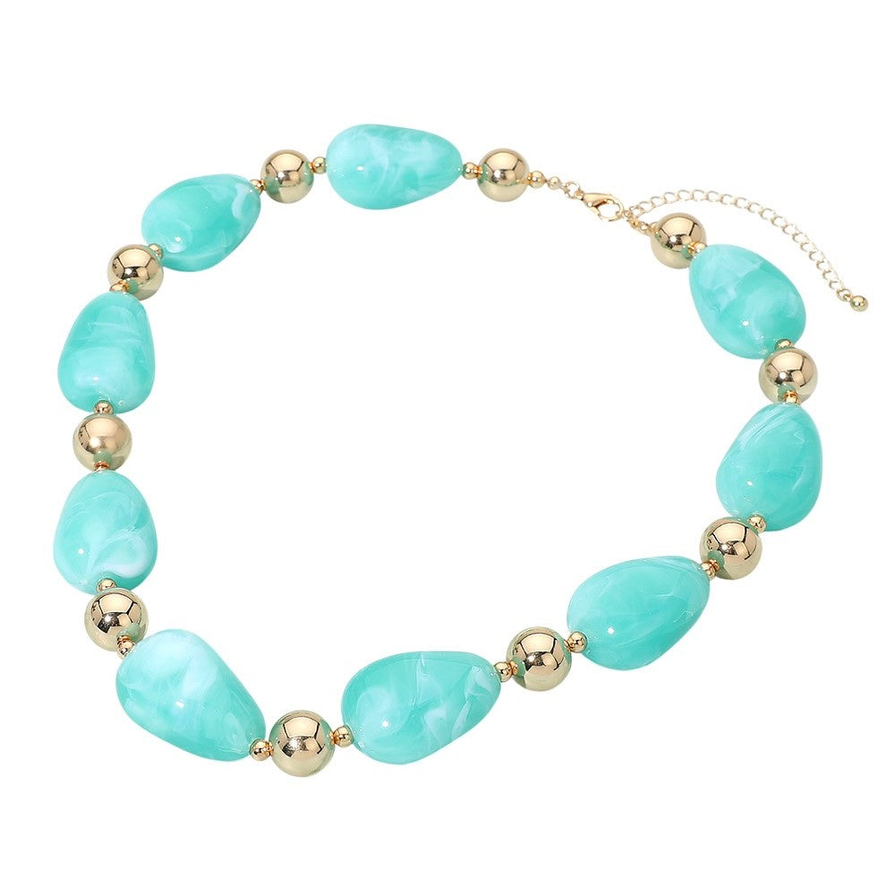 Mint Marbleized Resin Teardrop Bead & Gold Ball Statement Necklace