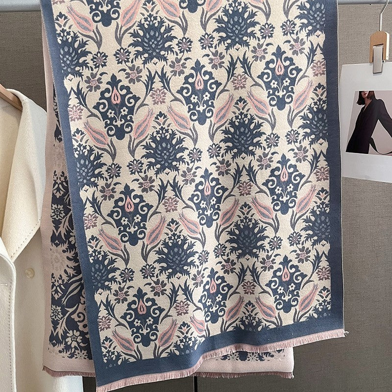 Floral Turkish Tulip Pashmina Scarf Blue Pink Cream Wrap Cashmere Feel