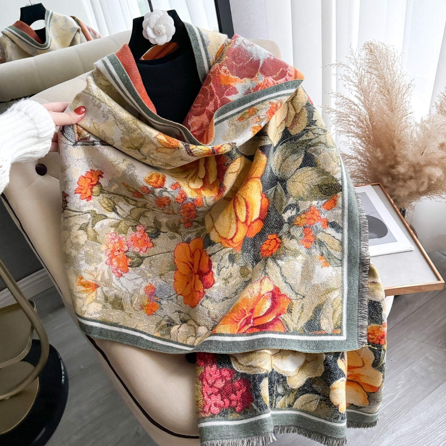 Reversible Floral Butterfly Shawl Scarf Wrap Jacquard Knit Wool Blend Scarves