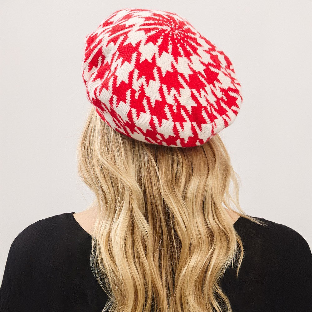 Classic Houndstooth Knit Beret Hat Women’s Winter Warm Stylish One Size