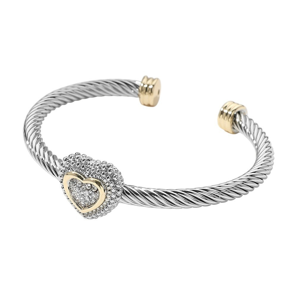 Two Tone Stone Paved Heart Twisted Cable Cuff Bracelet for Women Men