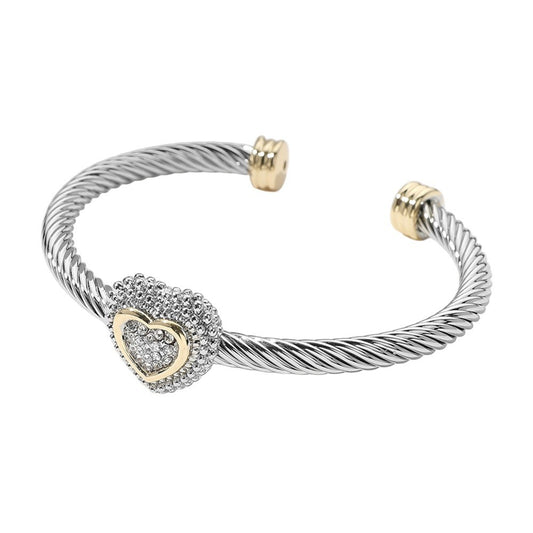 Two Tone Stone Paved Heart Twisted Cable Cuff Bracelet for Women Men