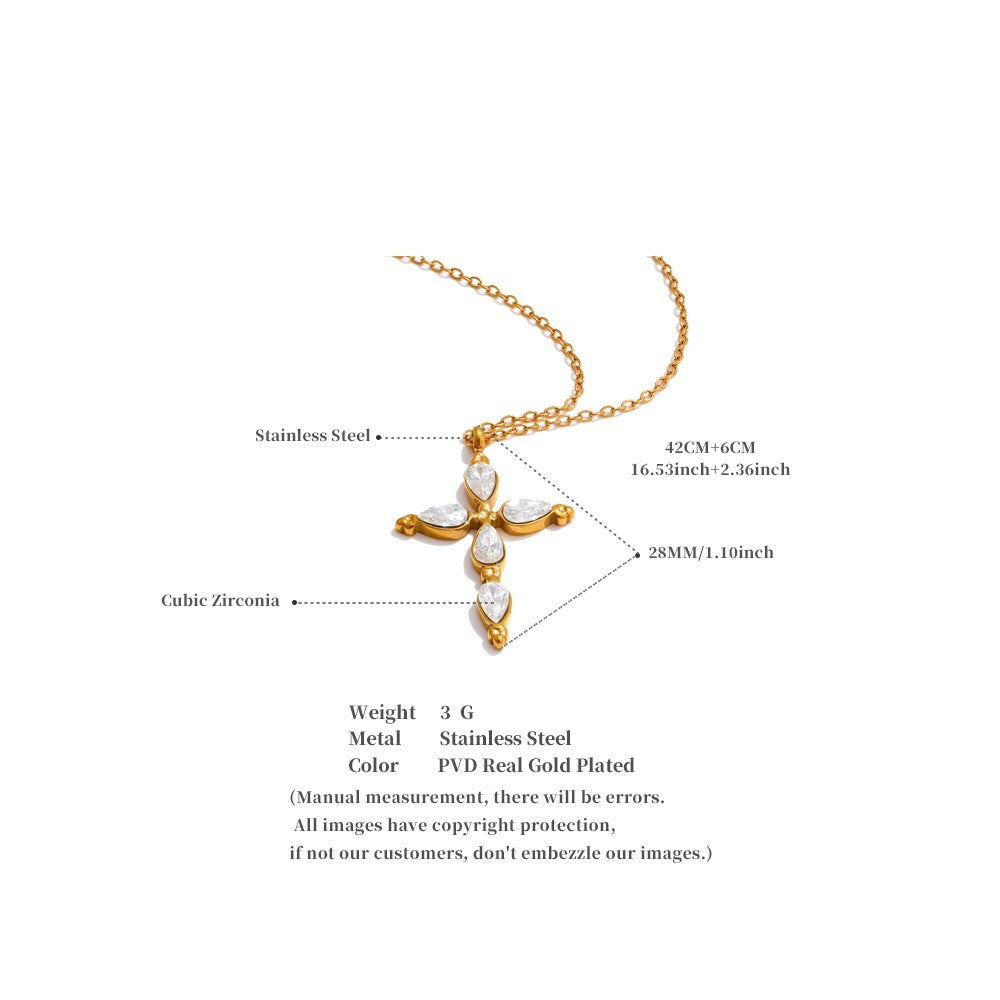Gold Cross CZ Pendant Necklace | Stainless Steel Real Gold Plated Chain