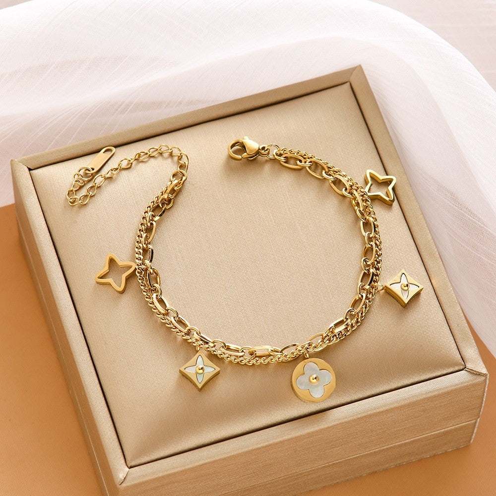 Gold Tone Clover Star Charm Bracelet Double Chain Stainless Steel Womens Jewelry