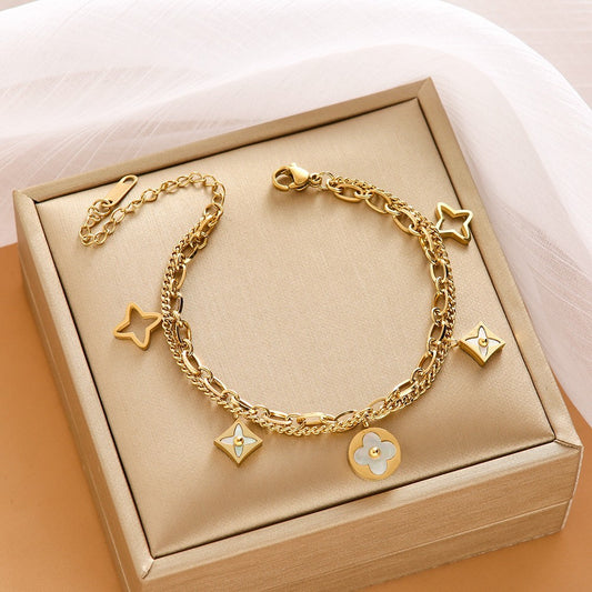 Gold Tone Clover Star Charm Bracelet Double Chain Stainless Steel Womens Jewelry