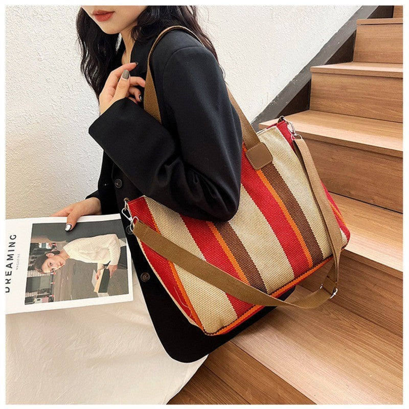 Women's Striped Canvas Tote Bag with Crossbody Strap – Beach Travel Shoulder Bag