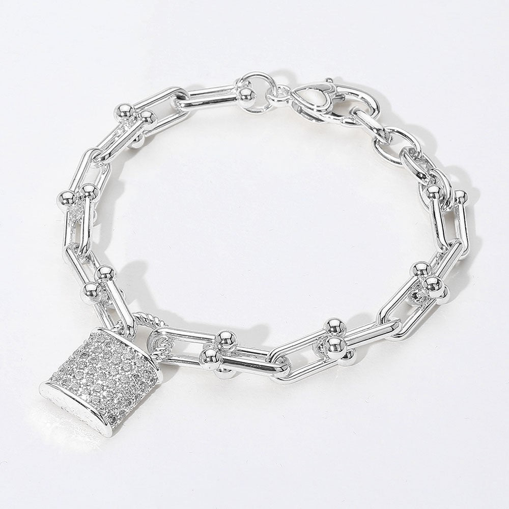 14K Gold Plated CZ Lock Charm Chain Link Bracelet Statement Industrial Style