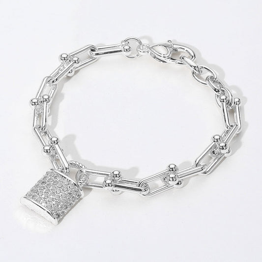 14K Gold Plated CZ Lock Charm Chain Link Bracelet Statement Industrial Style