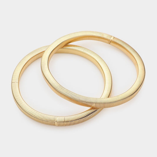2PCS Gold Tone Metal Stretch Bracelets for Women Stackable Lightweight Set