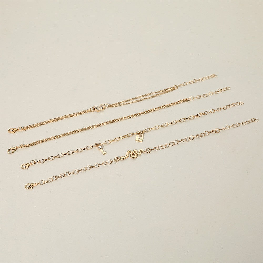 4pcs Boho Gold Tone Layered Anklet Set Butterfly Snake Key Lock Charms Jewelry
