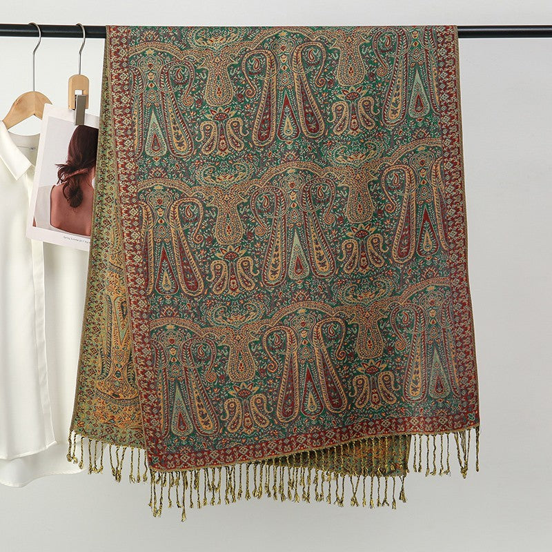 Reversible Paisley Pashmina Shawl Scarf Wrap Green Maroon Gold Fringe