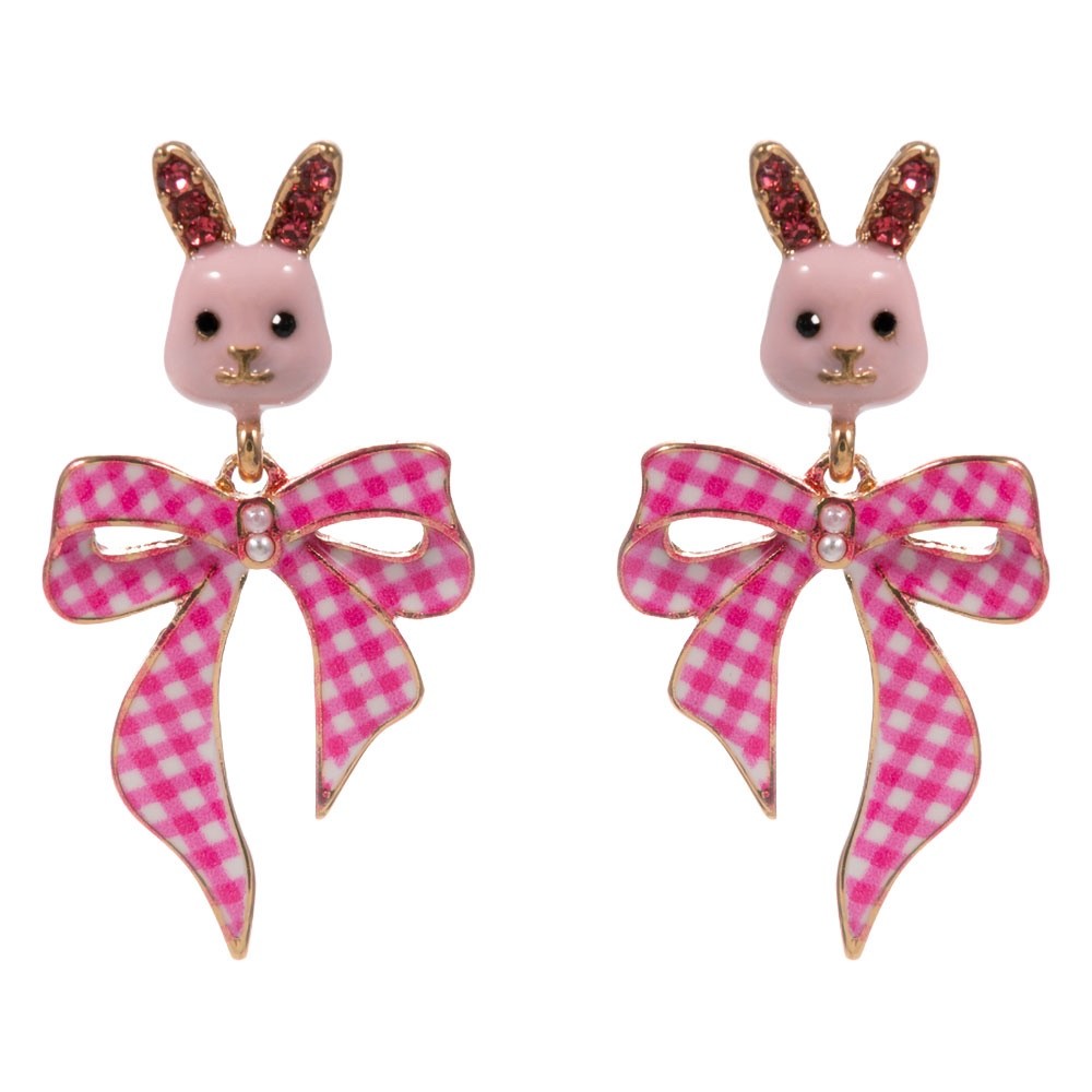 Pink Bunny Rabbit Gingham Bow Drop Earrings for Easter Spring Jewelry Gift
