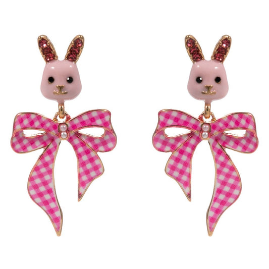 Pink Bunny Rabbit Gingham Bow Drop Earrings for Easter Spring Jewelry Gift